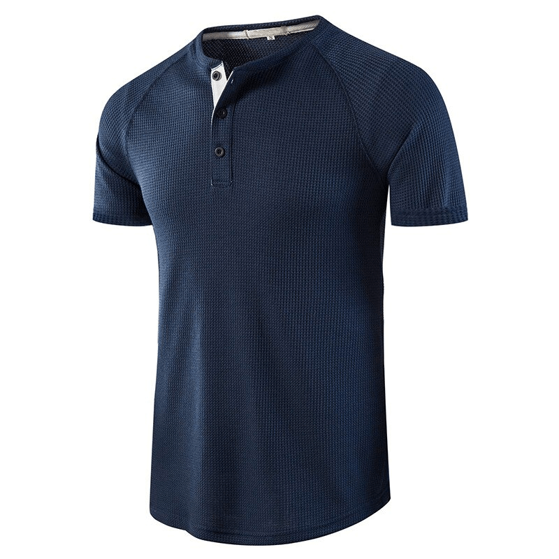 Men's short-sleeve breathable sporty navy t-shirt with button collar, perfect for activewear and gym activities - SF1078